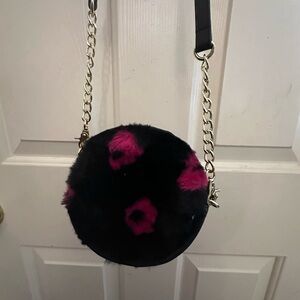 Betsey Johnson Black Faux Fur Round Crossbody with Hot Pink Accents